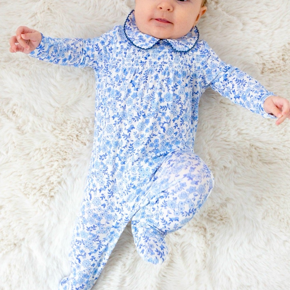NWT Blue Calico Floral Smocked Peter Pan Footie